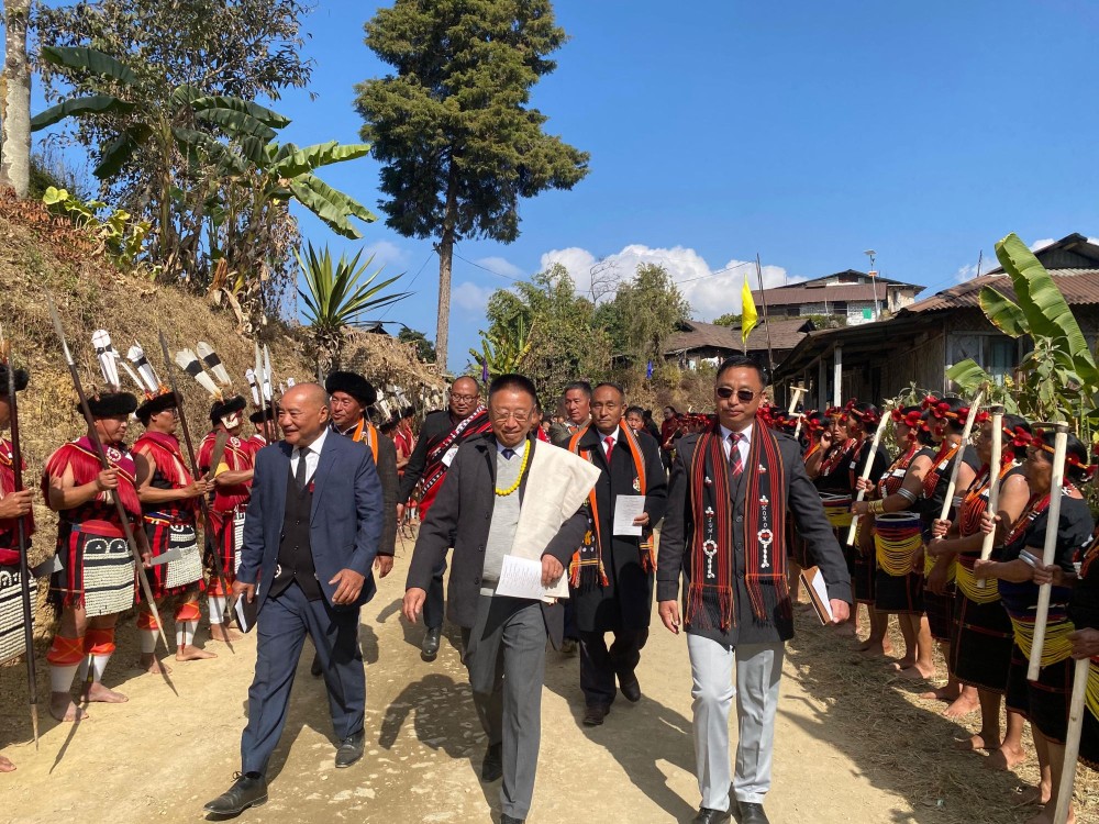 The President of the Chakhesang Public Organisation, Vezühu Keyho, President of Sümi Hoho, Dr Vihuto Assumi and Vice-President of Sümi Hoho, Otova Swu along with other dignitaries arriving at the 2nd Community Meet of Dzulhami, Khughutomi and Kilomi on January 14 at Kilomi village. (Morung Photo)